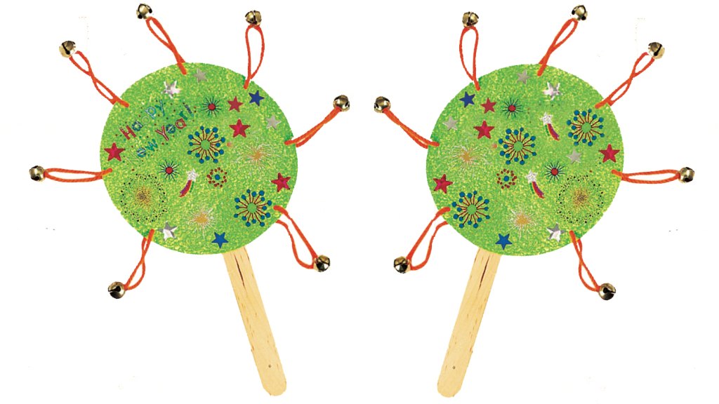 DIY noisemakers made by gluing a craft stick between two paper plates, then threading mini bells onto yarn and tying the pieces to holes along the edges of the plates
