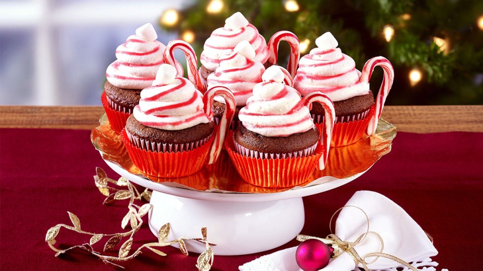 Platter of candy cane cupcakes for Christmas