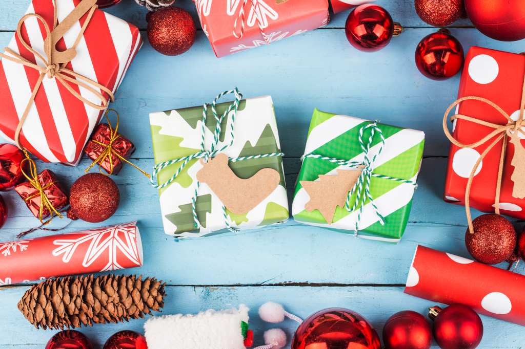 Holiday party:  Christmas background with gift boxes,  Preparation for holidays. 