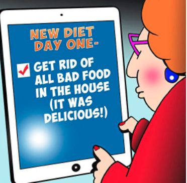 New Year jokes: Cartoon of woman on computer checking off diet goals