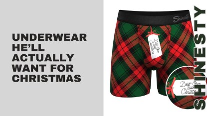 'Underwear he'll actually want for Christmas' next to an image of Shinesty men's underwear.