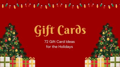 An image with Christmas string lights along the top, a red background, and Christmas trees with presents on either side and text that reads 'Gift Cards: 72 Gift Card Ideas for the Holidays.'