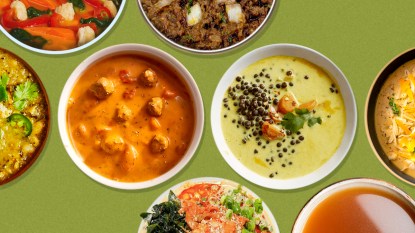 Various images of bowls of soup set amid a green background.
