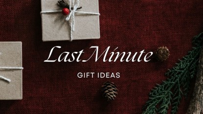 An image with a deep red background and canvas-wrapped presents with text that reads 'Last Minute Gift Ideas.'