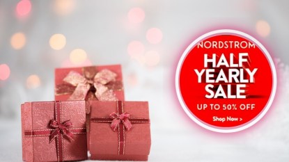 Wrapped presents next to a circle with text reading 'Nordstrom Half Yearly Sale, Up to 50% off, Shop Now.'
