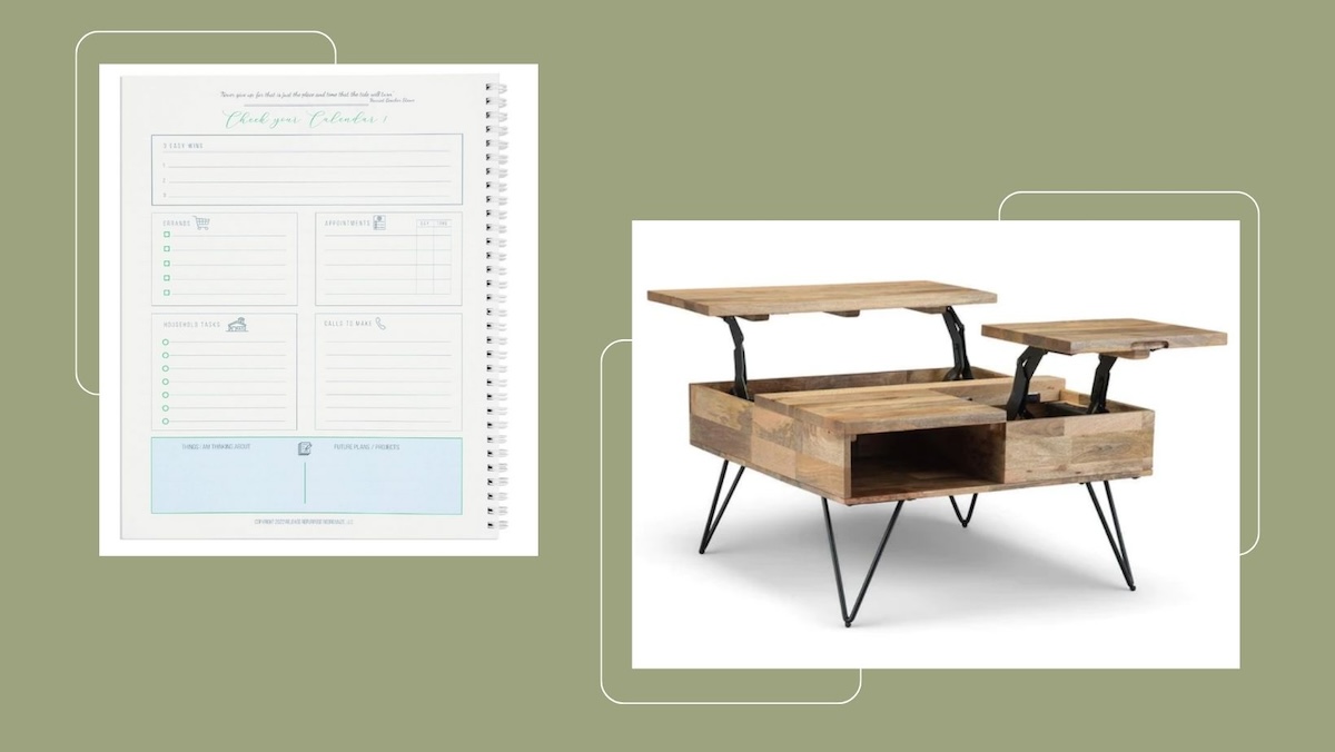 Images of an organizing organizer and a storage coffee table set on a green background.