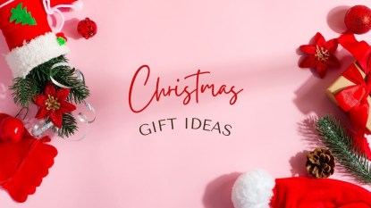 A pink background with presents bordering the left and right and text that reads 'Christmas Gift Ideas.'