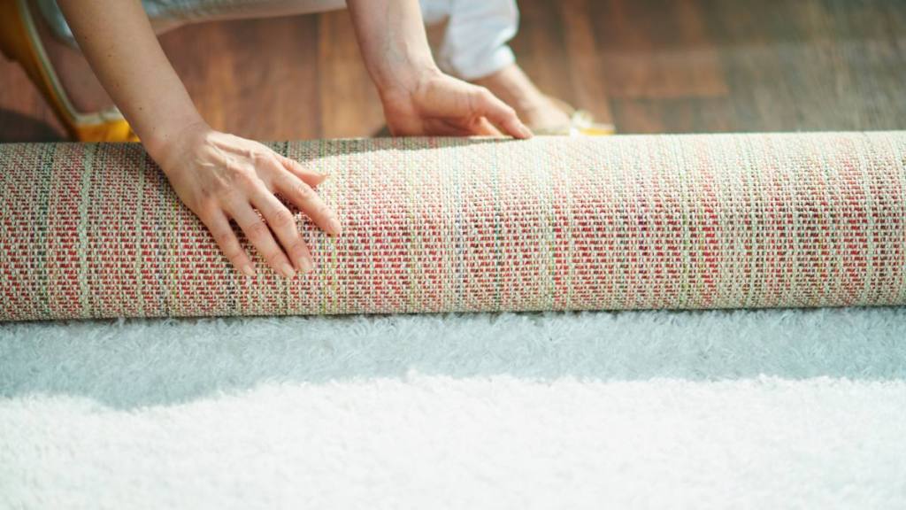 How to flatten a rug: Closeup on woman at home in sunny day folding carpet into a roll.