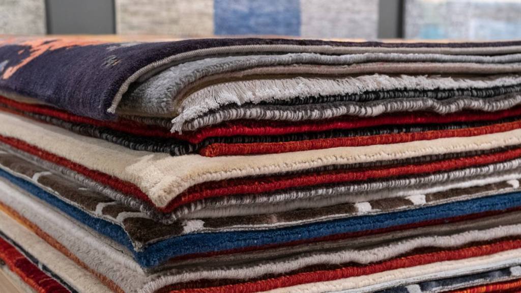 How to flatten a rug: Pile of Multi Colored Carpets Rugs At Market stack.