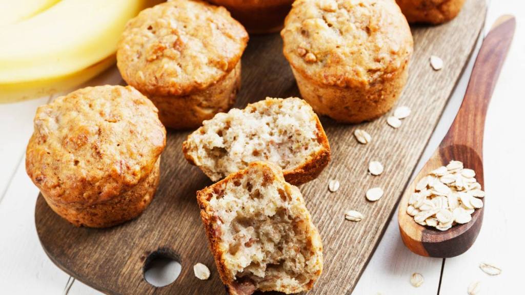 big breakfast for weight loss: Banana muffins with oat flakes on the table