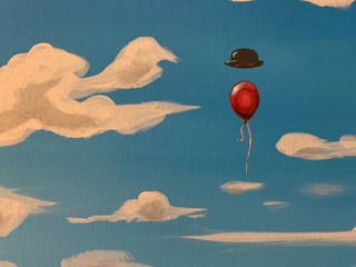 Blue sky with red balloon artwork by Angel son, Kyle