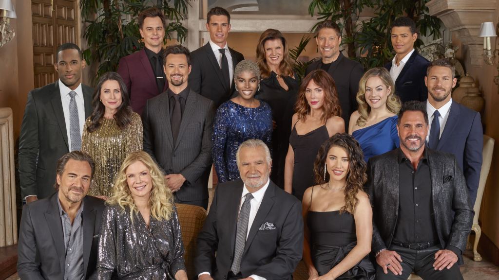 Pictured from top L to R: Darin Brooks, Tanner Novlan, Kimberlin Brown, Sean Kanan, Delon de Metz, Lawrence Saint-Victor, Rena Sofer, Matthew Atkinson, Diamond White, Krista Allen, Annika Noelle, Scott Clifton, Thorsten Kaye, Katherine Kelly Lang, John McCook, Jacqueline MacInnes Wood and  Don Diamont