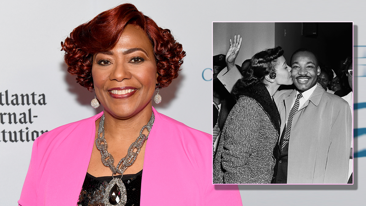 Bernice King 2024, with inset of parents Coretta and Martin Luther King, Jr.