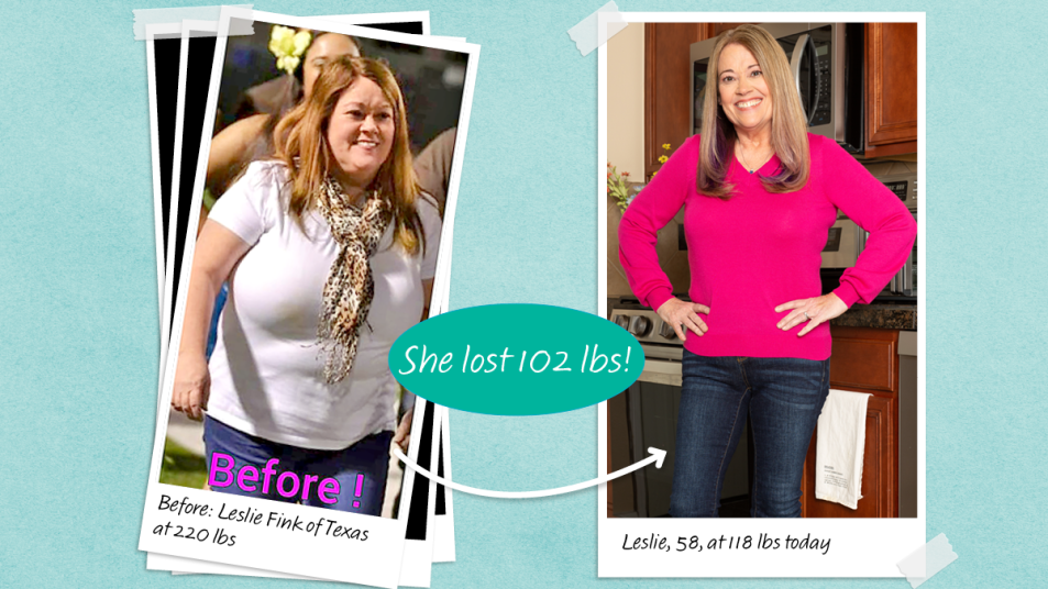 Before and after images of Leslie Fink who lost 102 lbs with the Dubrow Diet