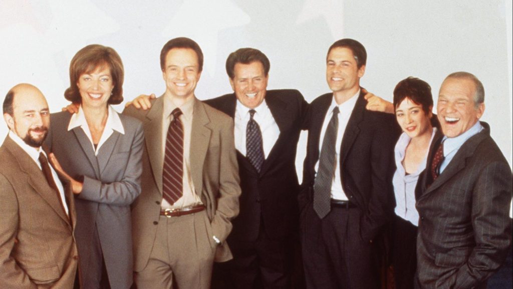 Richard Schiff, Allison Janney, Bradley Whitford, Martin Sheen, Rob Lowe, Moira Kelly and John Spencer, The West Wing, 1999