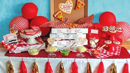 Pizza party" Lead table with buffet-style spread of pizza party and on-theme accents in red and white