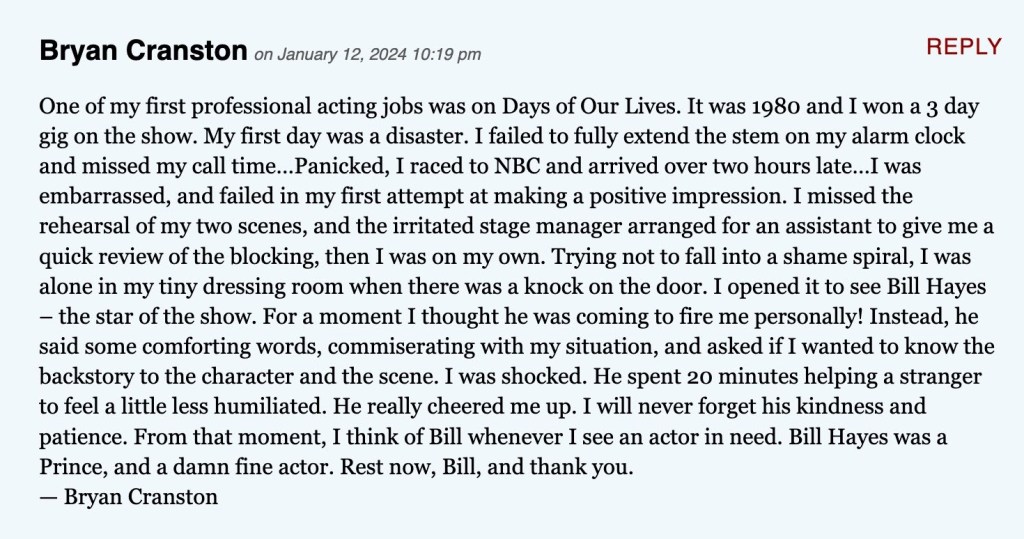 Bryan Cranston message about Bill Hayes' passing