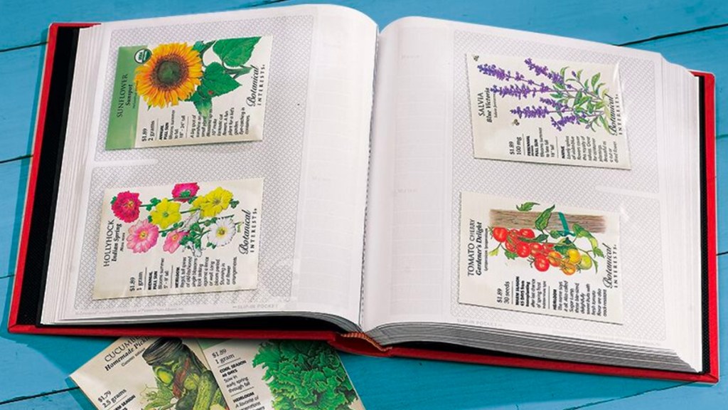 A photo album can be used to store garden seeds