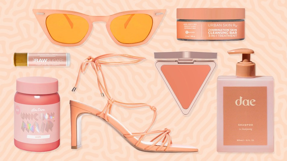 Various beauty and fashion products in Pantone's 2024 Color of the Year, Peach Fuzz.