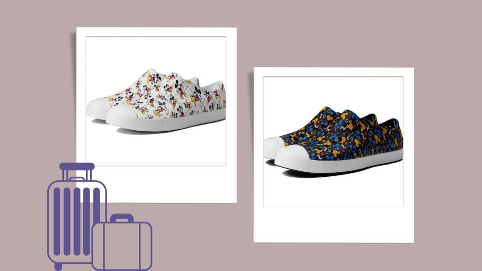 Images of Native Shoes in the Jefferson Disney Print that are on sale at Zappos right now with a graphic of luggage.