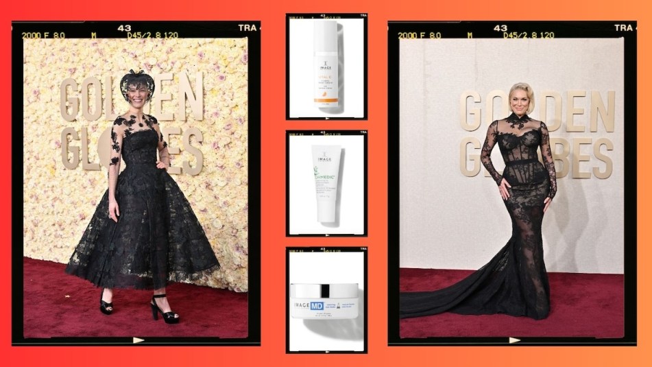 Rosamund Pike and Hannah Waddingham on the Golden Globes Red Carpet next to images of some of the skincare used to create their celebrity glow.