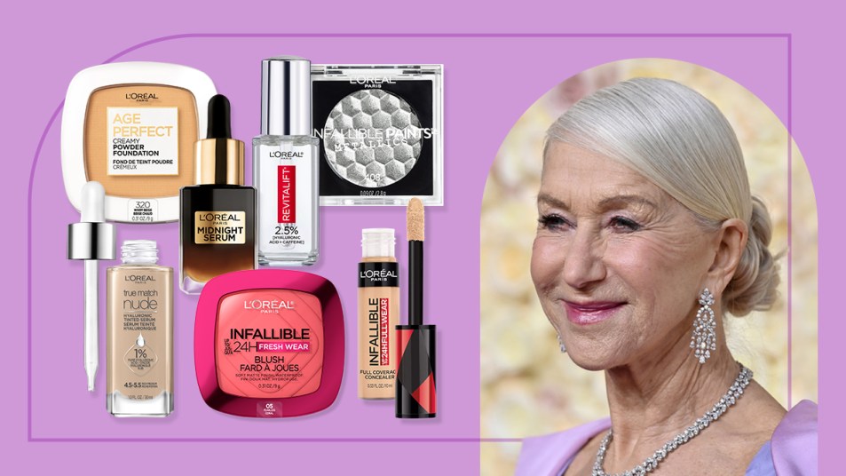 An image of Helen Mirren at the 2024 Golden Globes next to images of the L'Oreal makeup products used by her celebrity MUA.
