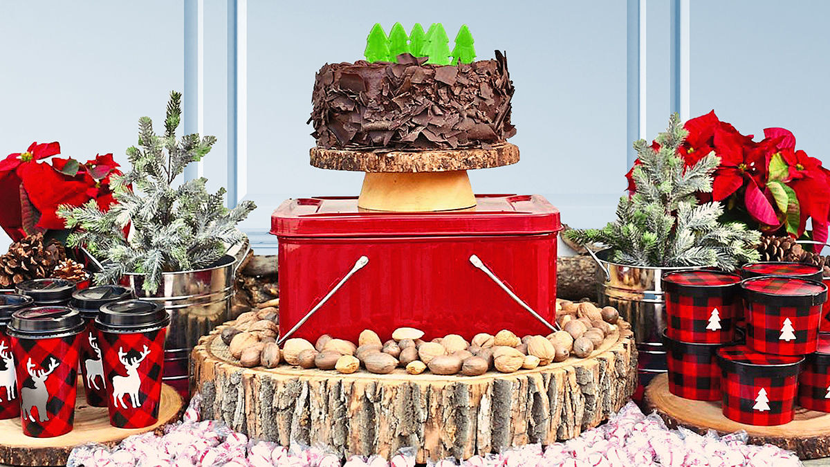 Winter brunch tabletop lead with cake and wooden slabs