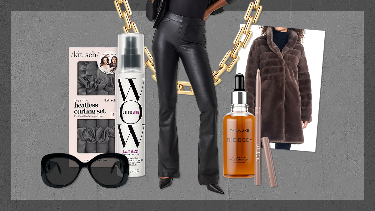 Various makeup, beauty, and fashion products inspired by the 'Mob Wife' trend arranged on a black background.