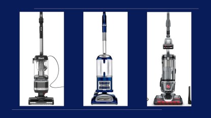 An image with a blue background and three vacuum cleaners from various brands that are on sale at publication.