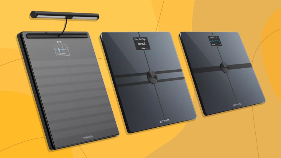An image of the smart scales offered at Withings with a yellow-gold background.