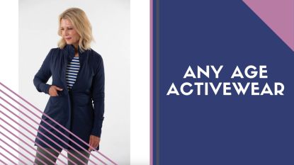 An image of a long athleisure jacket from Any Age Activewear, a brand that makes athletic clothing for older women.