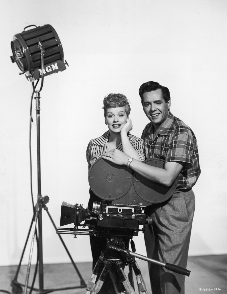 Behind the scenes shot of Lucille Ball and Desi Arnaz