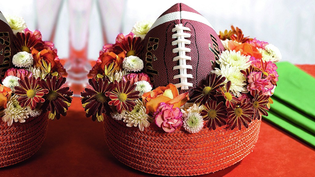 DIY football decorations: Football bouquet made by nestling a football and supermarket flowers into a round basket