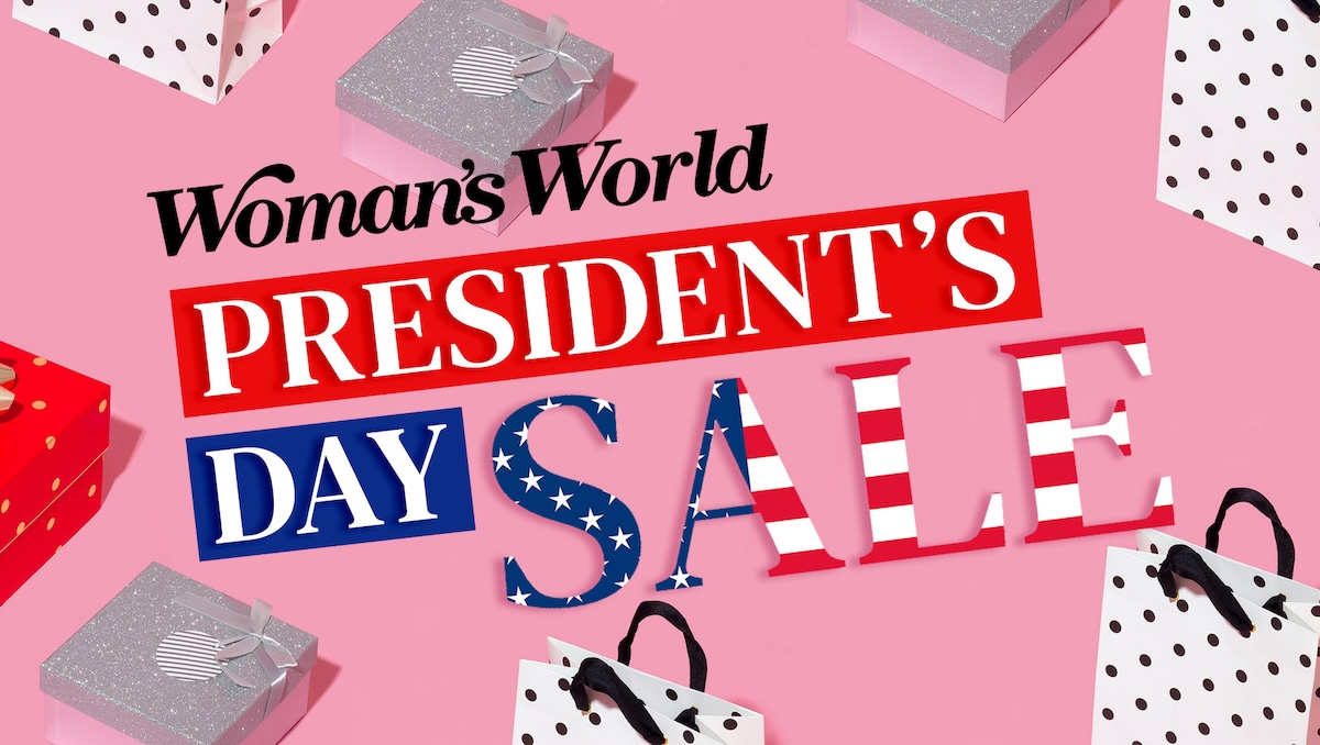 Various shopping bags arranged on a pink background with the Woman's World logo and red white and blue patriotic text that reads 'President's Day Sale.'