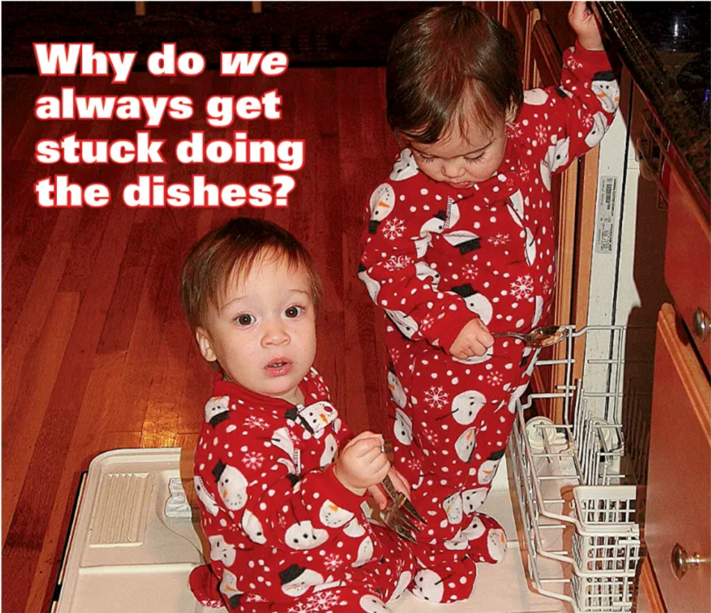 babies unloading a dishwasher: cleaning jokes