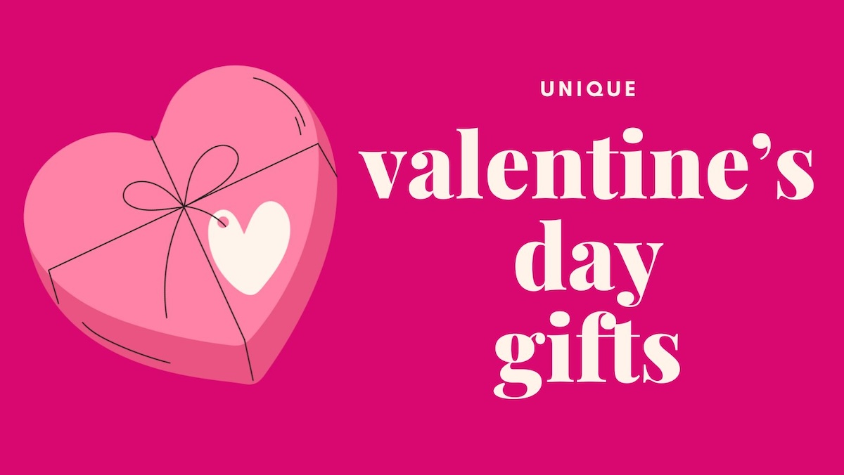 A heart shaped box graphic next to white text that reads 'Unique Valentine's Day Gifts' arranged on a hot pink background.