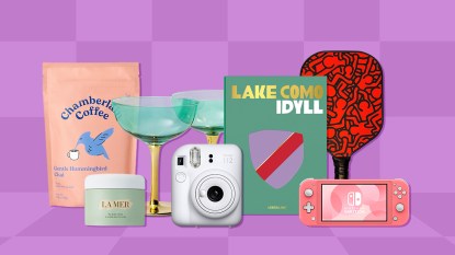 Various Amazon products that will ship fast for Valentine's Day gifts arranged on a checkered purple background.