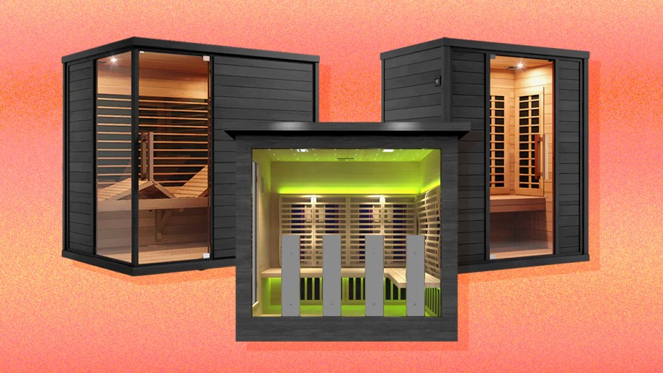 Images of saunas from Sun Home Saunas set on a an ombre orange background.