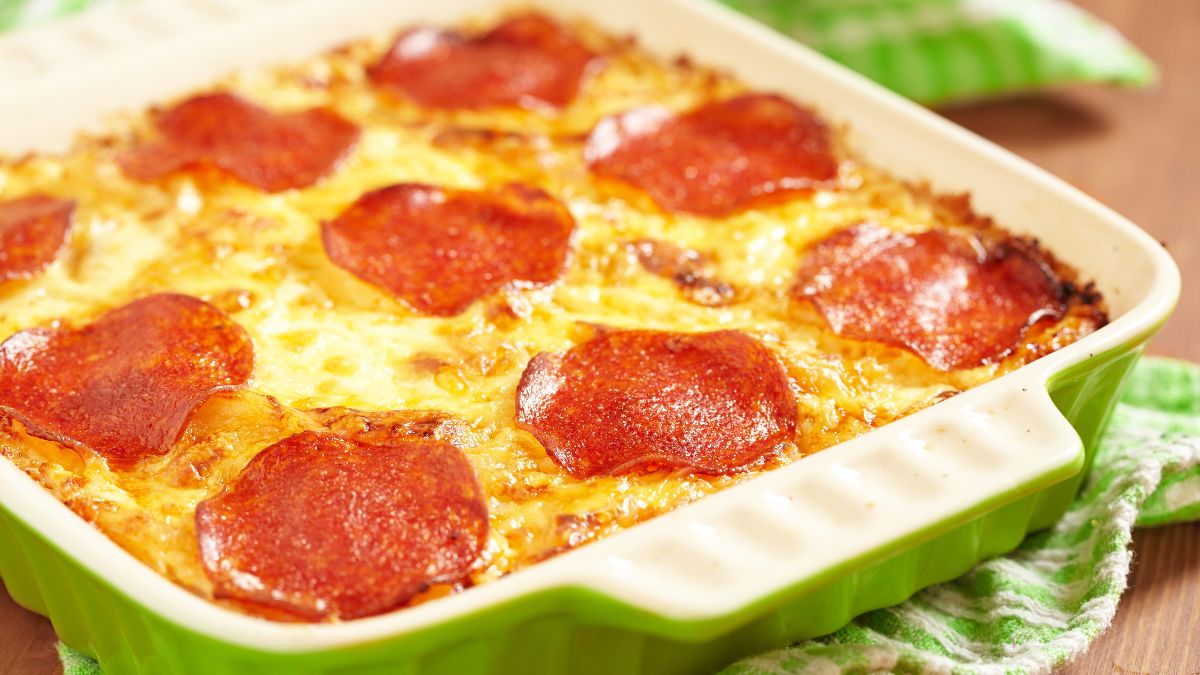 bubble pizza with pepperoni in casserole dish