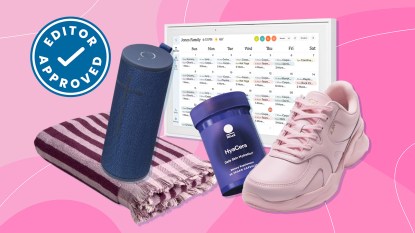 Various products including a portable speaker, bath sheet, sneakers, vitamins, and digital calendar set on a pink background with a logo that reads 'Editor Approved.'