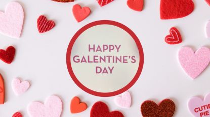 A graphic featuring red, white, and pink felt hearts surrounding a circular image of text that reads 'Happy Galentine's Day.'