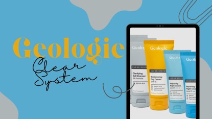 An image that reads 'Geologie Clear System' with a picture of the acne clearing product on an i-Pad screen.