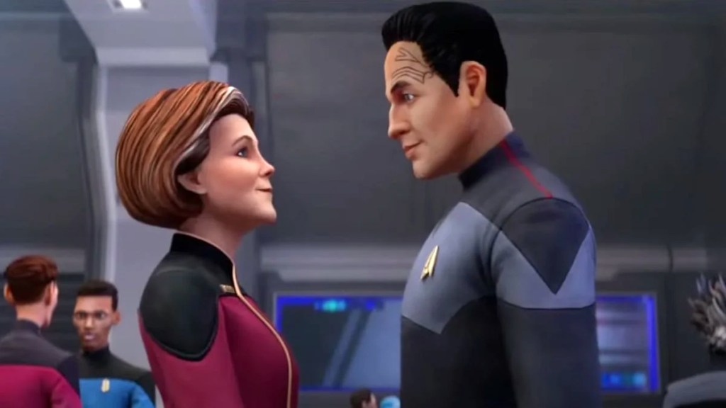 A reunited Janeway and Chakotay (voiced by Kate Mulgrew and Robert Beltran) on Star Trek: Prodigy