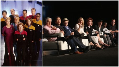 The Star Trek: Voyager cast, in the 1990s and reunited in 2015