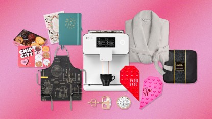 Various Valentine's Day gift ideas from various retailers set among a pink background.