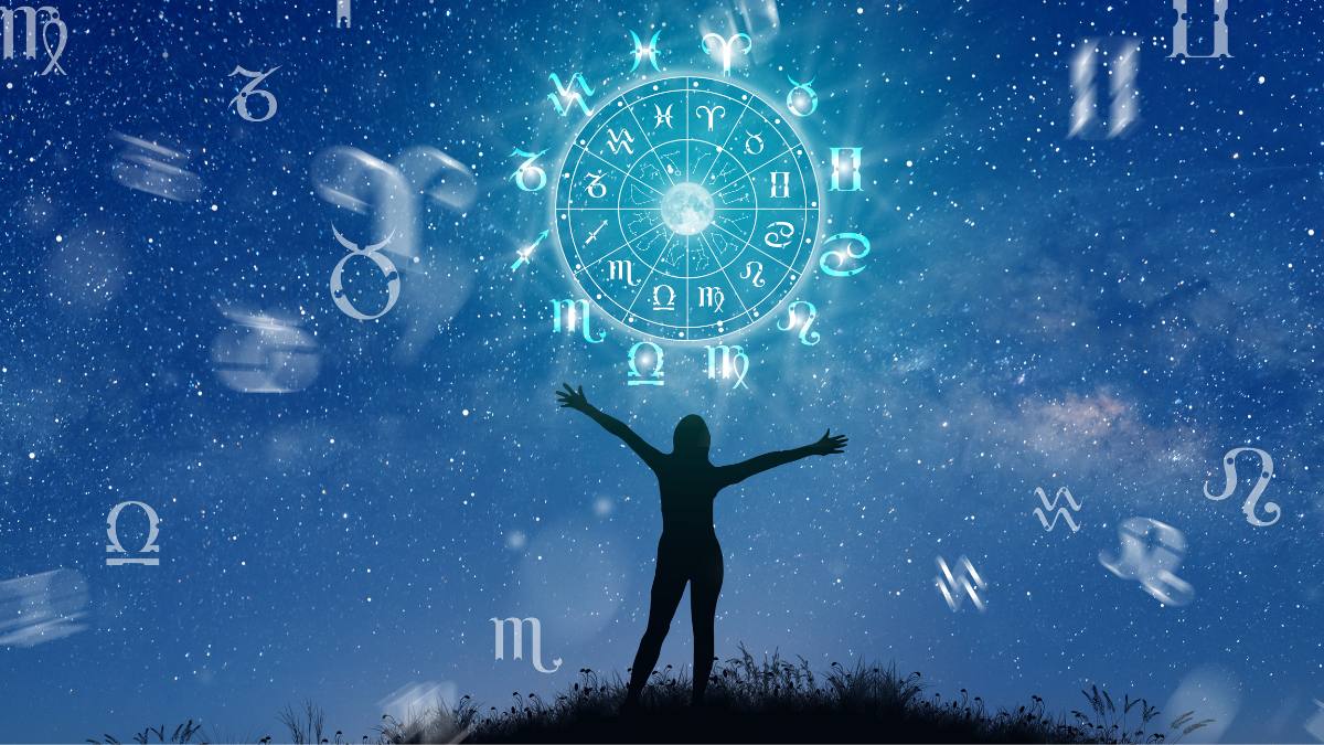 Full Moon in Virgo: Astrological zodiac signs inside of horoscope circle. Illustration of Woman silhouette consulting the stars and moon over the zodiac wheel and milky way background. The power of the universe concept.