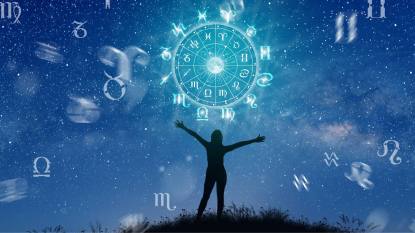 Full Moon in Virgo: Astrological zodiac signs inside of horoscope circle. Illustration of Woman silhouette consulting the stars and moon over the zodiac wheel and milky way background. The power of the universe concept.