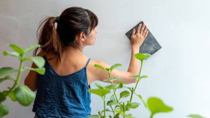 how to clean walls: Woman Repairs White Wall Using Sandpaper near Plants