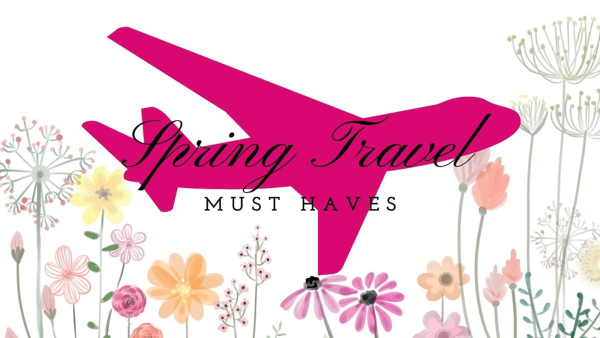 Flowers arranged on the bottom of the image with a hot pink airplane flying above and black text reading 'Spring Travel Must Haves.'