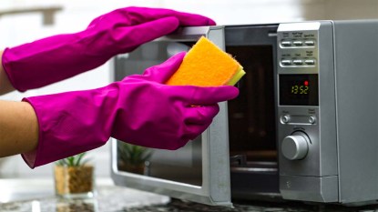 Woman holding a sponge near a microwave